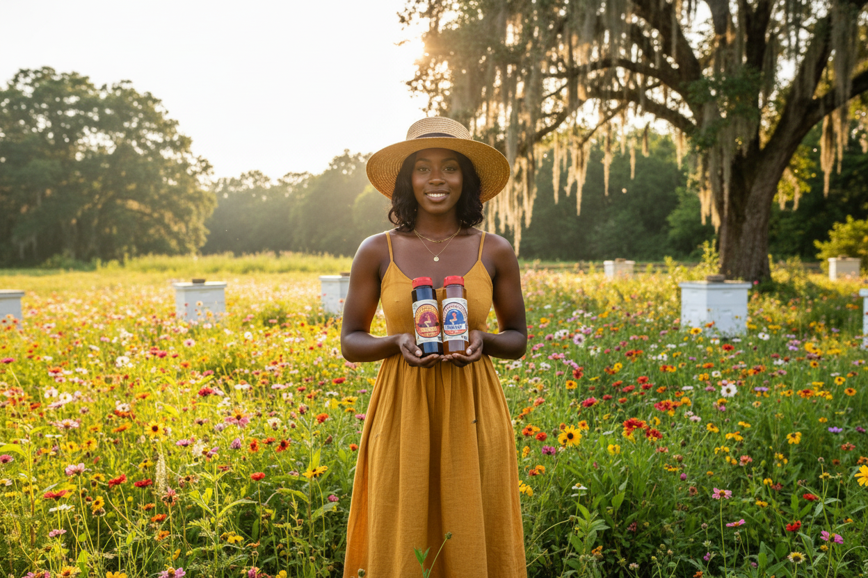 Black woman model with honey products